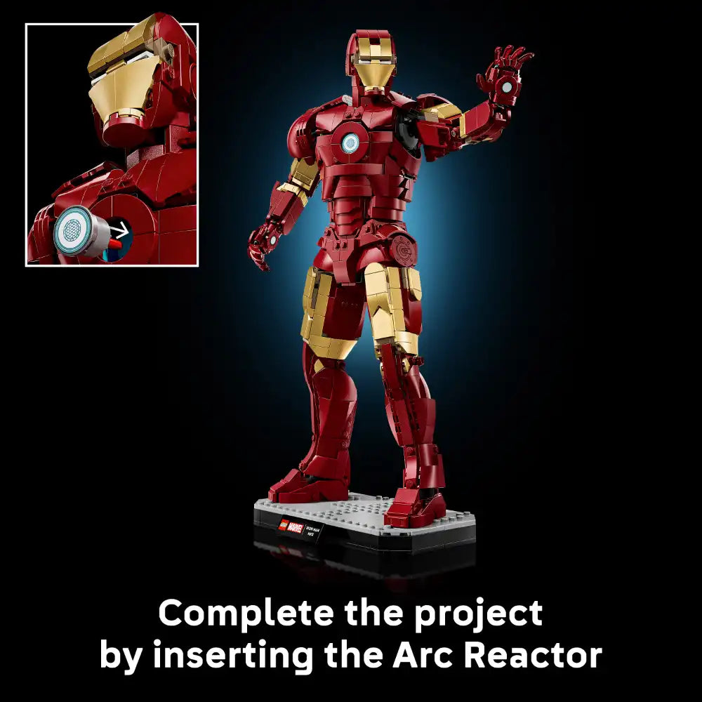 LEGO Iron Man Mark 3 Collectors Edition buildable figure in red and gold showing completed armor suit with arc reactor light-up feature and detailed inset of helmet construction on dark blue background