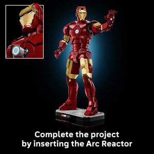 LEGO Iron Man Mark 3 Collectors Edition buildable figure in red and gold showing completed armor suit with arc reactor light-up feature and detailed inset of helmet construction on dark blue background