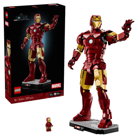 LEGO Iron Man Mark 3 Collectors Edition set 76344 featuring red and gold minifigure armor suit with articulated limbs, illuminated arc reactor chest piece, displayed on black base platform alongside instruction box and small LEGO minifigure, 1297 pieces