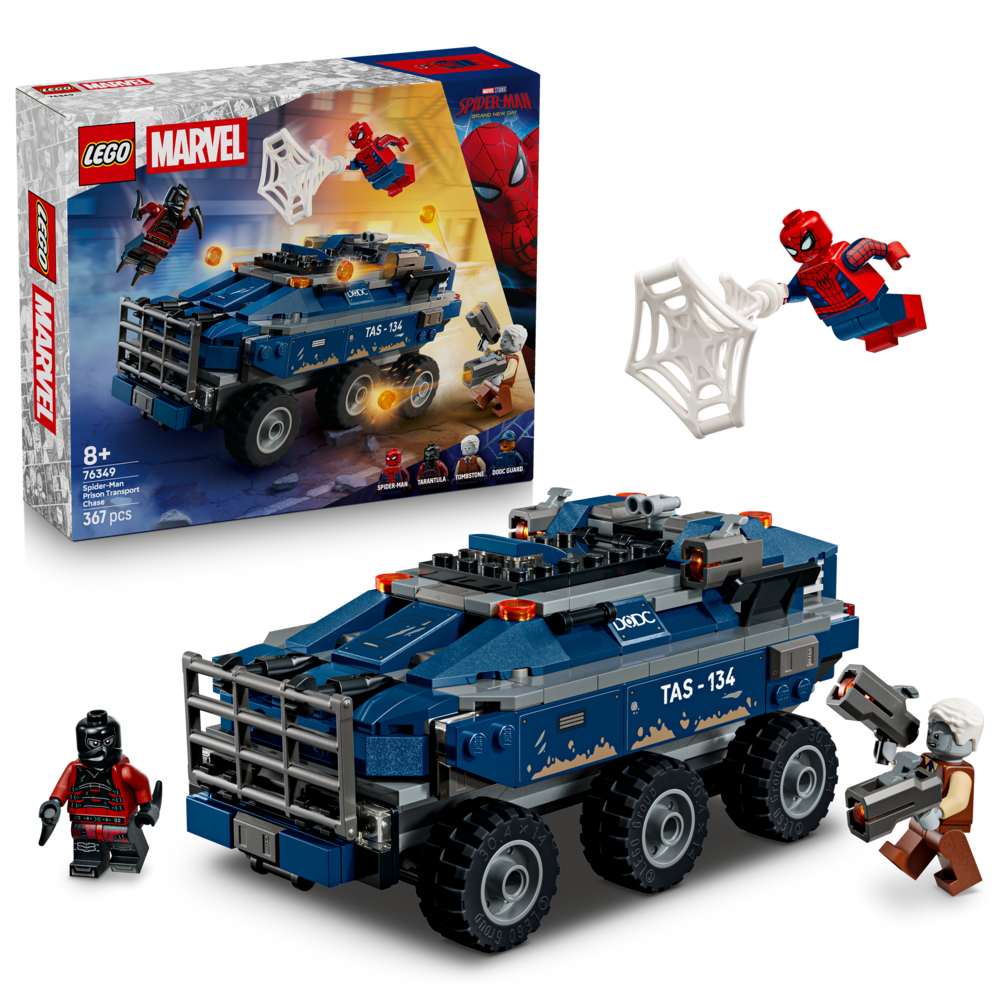 LEGO Super Heroes Spider-Man Prison Transport Chase 76349 - shown with its product box. 367 pieces. Ages 8+.