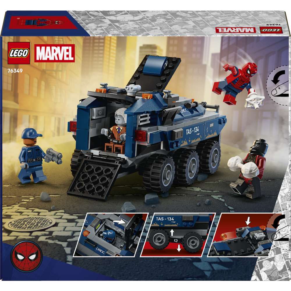 LEGO Super Heroes Spider-Man Prison Transport Chase 76349 - the back of the box showing play features and box contents. 367 pieces. Ages 8+.