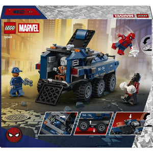 LEGO Super Heroes Spider-Man Prison Transport Chase 76349 - the back of the box showing play features and box contents. 367 pieces. Ages 8+.