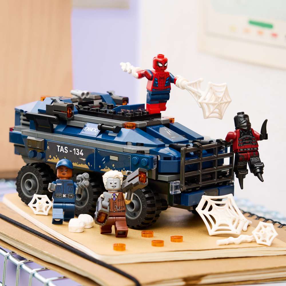 LEGO Super Heroes Spider-Man Prison Transport Chase 76349 - the finished build shown in a home setting. 367 pieces. Ages 8+.