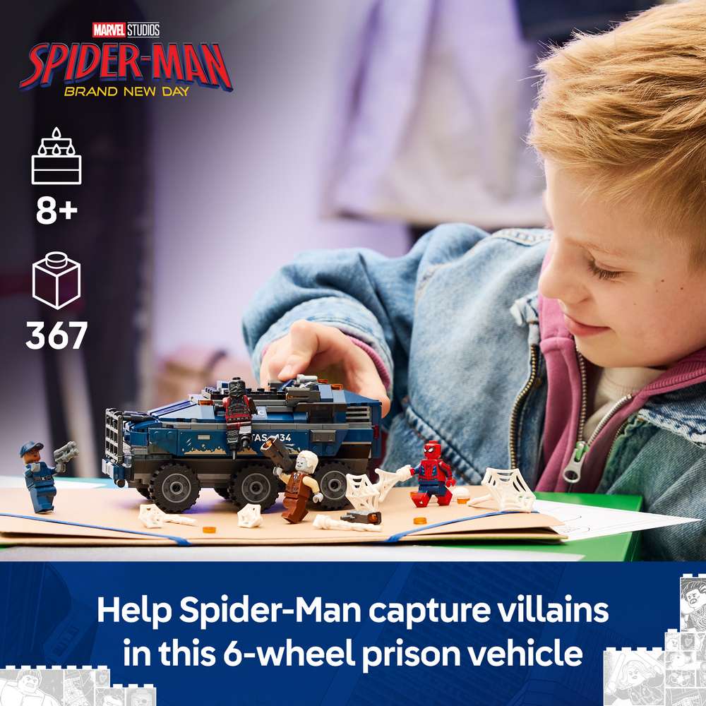 LEGO Super Heroes Spider-Man Prison Transport Chase 76349 - captioned product view. 367 pieces. Ages 8+.