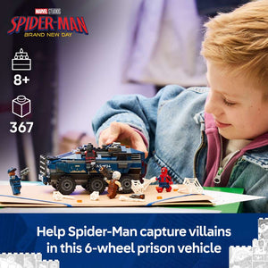 LEGO Super Heroes Spider-Man Prison Transport Chase 76349 - captioned product view. 367 pieces. Ages 8+.