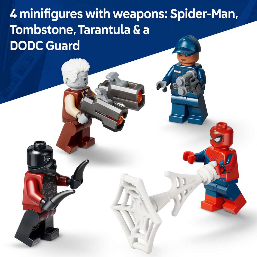LEGO Super Heroes Spider-Man Prison Transport Chase 76349 - captioned product view. 367 pieces. Ages 8+.