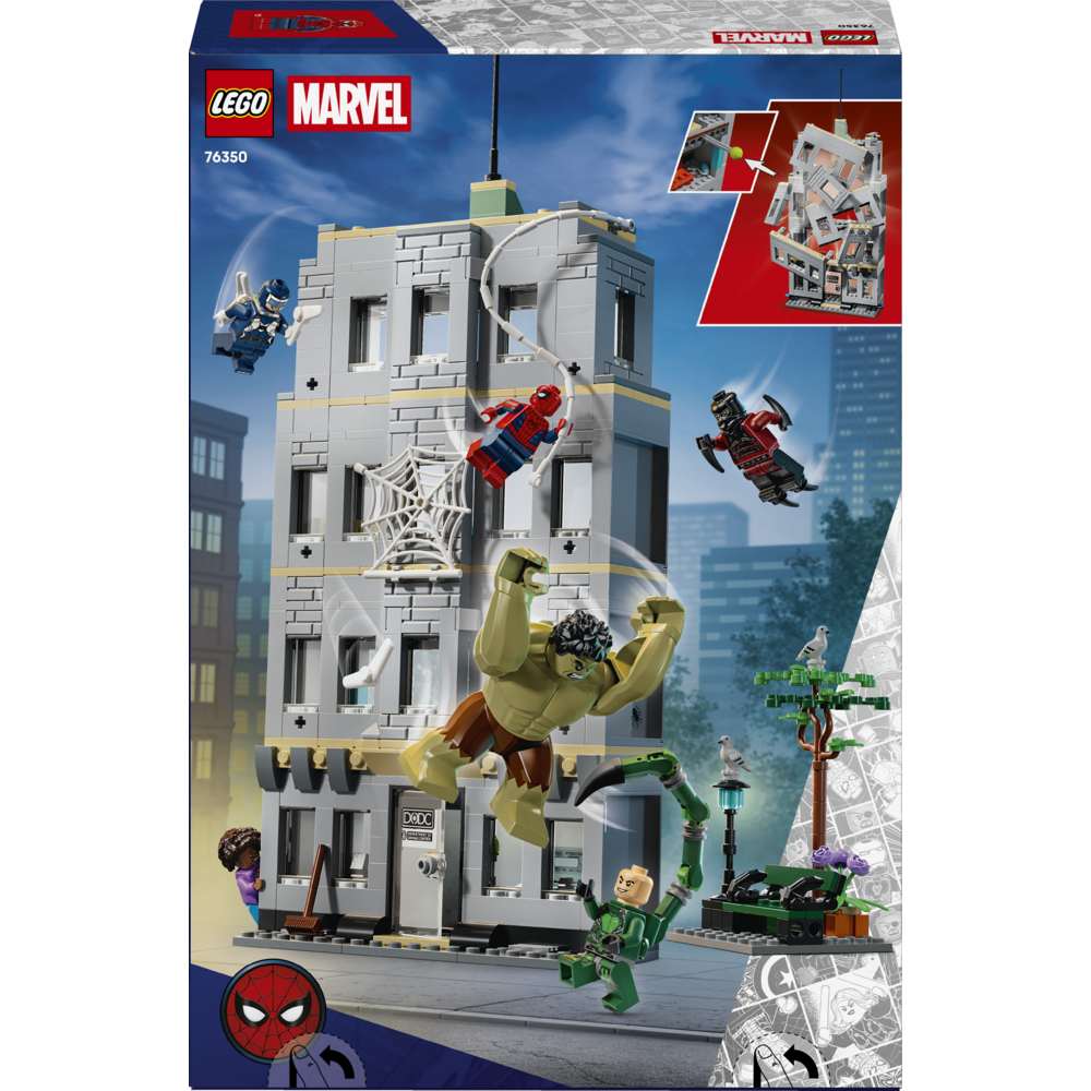 LEGO Super Heroes Spider-Man vs. Hulk Epic Clash 76350 - the back of the box showing play features and box contents. 534 pieces. Ages 8+.