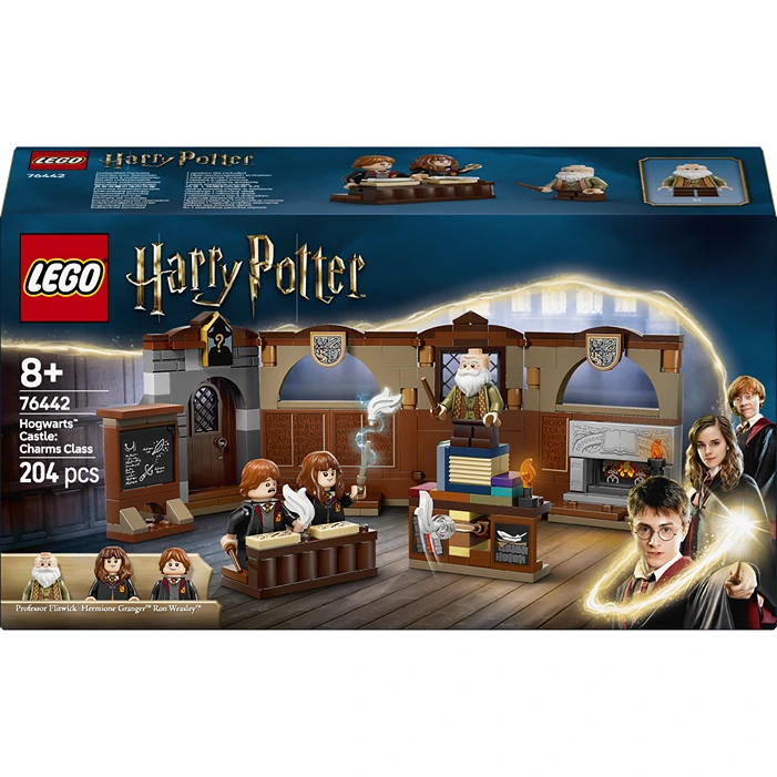LEGO Harry Potter Hogwarts Castle Charms Class set 76442 featuring a brown wooden classroom interior with minifigures including Harry Potter and Hermione Granger, displayed against a blue box packaging with 204 pieces for ages 8 and up