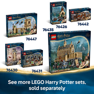 LEGO Harry Potter Hogwarts Castle Charms Class set 76442 box featuring a detailed brick castle tower with minifigures and accessories, displayed alongside other LEGO Harry Potter sets on a blue gradient background
