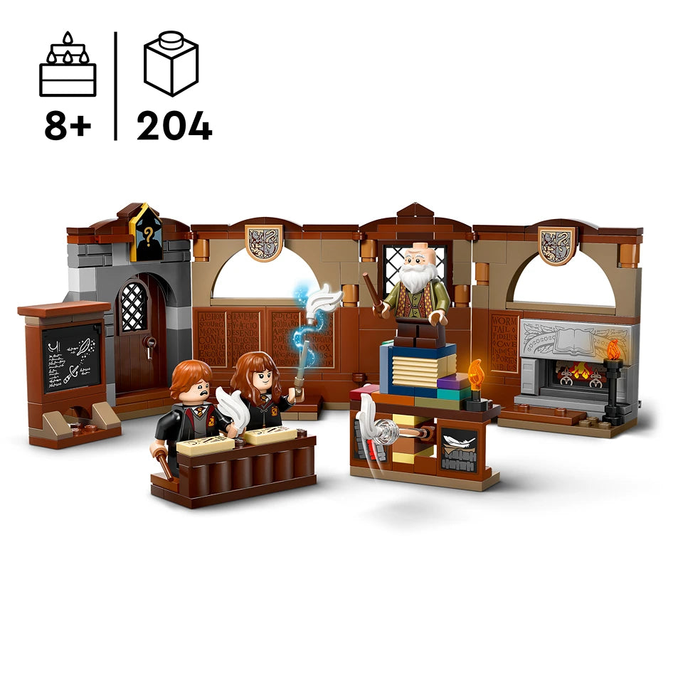 LEGO Hogwarts Castle Charms Class 76442 set with 204 pieces showing a brown stone wizard classroom featuring minifigures, a fireplace, desk, bookshelf, chalkboard, and magical blue spell effects for ages 8 and up