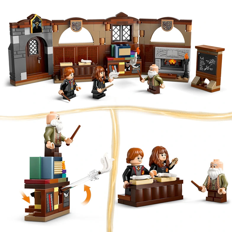 LEGO Hogwarts Castle Charms Class 76442 playset featuring a brown wooden castle classroom with two minifigure students in black robes, an elderly wizard instructor, detailed interior with fireplace bookshelves and desk, accompanied by separate display scenes showing additional wizard minifigures and magical accessories