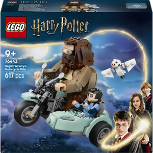 LEGO Harry Potter set 76443 Hagrid's Motorcycle Ride featuring brown brick-built Hagrid figure on black motorcycle with sidecar, Hedwig owl minifigure, mint green sidecar, 617 pieces, age 9+, displayed against magical blue sky background with character portraits