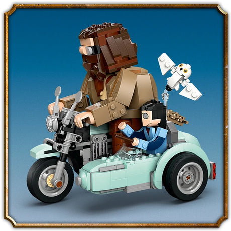 LEGO Hagrid and Harry's Motorcycle Ride set 76443 featuring a light blue sidecar motorcycle with brown and tan LEGO minifigures of Hagrid and Harry Potter, white Hedwig owl figure, and detailed brick construction against blue background