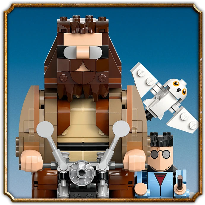 LEGO Hagrid and Harry's Motorcycle Ride set 76443 featuring brown-bodied Hagrid minifigure with tan beard, white motorcycle with sidecar, small white owl figure, and blue-vested Harry Potter minifigure against blue background