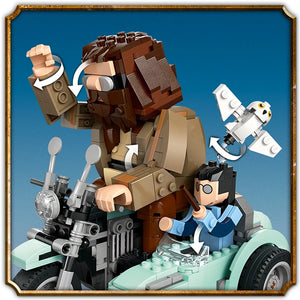 LEGO Hagrid and Harry's Motorcycle Ride set 76443 featuring brown-haired Hagrid minifigure in tan and brown robes holding a lantern, white owl Hedwig, Harry Potter minifigure in blue robes on a light green motorcycle with sidecar, and grey motorcycle details, displayed against blue background with gold-trimmed frame