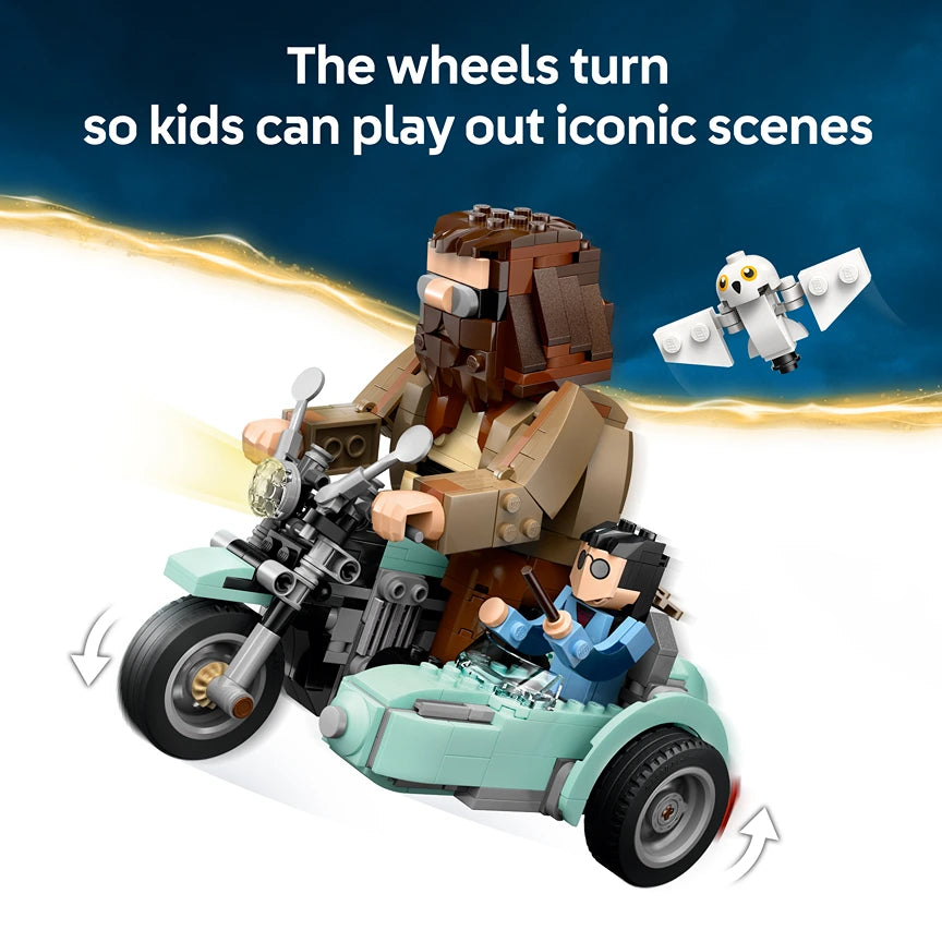 LEGO Hagrid and Harry's Motorcycle Ride set 76443 featuring a brown LEGO Hagrid minifigure on a black and grey motorcycle with sidecar, a blue-clothed Harry Potter minifigure in a mint green sidecar with wheels, and a white owl minifigure flying above against a blue background with golden light effects