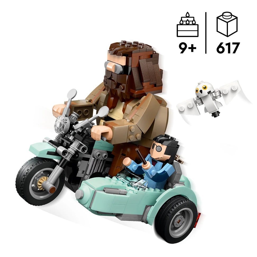 LEGO Hagrid and Harry's Motorcycle Ride set 76443 featuring brown brick-built Hagrid figure on black and silver motorcycle with sidecar, minifigure Harry Potter in blue robes in mint green sidecar, small owl figure, 617 pieces, recommended age 9 plus
