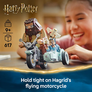LEGO Harry Potter Hagrid's Flying Motorcycle Ride set 76443 with 617 pieces for ages 9+, featuring a buildable brown and tan motorcycle with white sidecar, displayed with a smiling child playing in the background