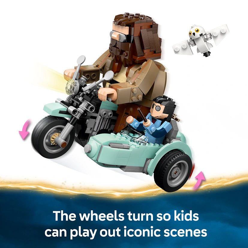 LEGO Hagrid and Harry's Motorcycle Ride set 76443 featuring brown-haired Hagrid minifigure on a black motorcycle with sidecar, blue-suited Harry Potter minifigure in mint green sidecar, white owl figure above, with turning wheels and text describing iconic scene recreation
