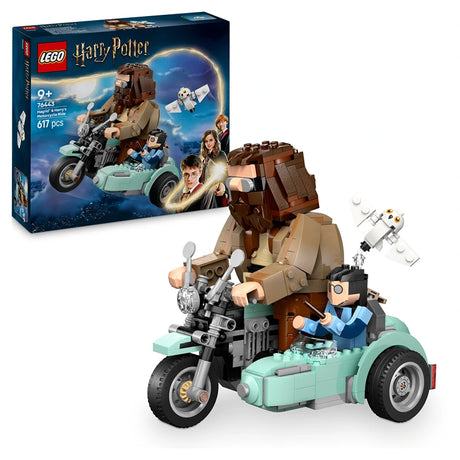 LEGO Harry Potter set 76443 Hagrid and Harry's Motorcycle Ride featuring a brown motorcycle with mint green sidecar, minifigures of Hagrid and Harry Potter, Hedwig owl figure, and 617 pieces shown with original packaging box against white background