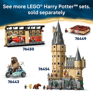 LEGO Harry Potter Fawkes Dumbledore's Phoenix set 76448 displayed alongside other Harry Potter themed LEGO sets including Hogwarts Castle, Hogsmeade station, and character minifigure sets on blue background
