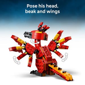 LEGO Fawkes phoenix buildable figure in red and yellow bricks with poseable head, beak and articulated wings, shown against blue gradient background with assembly instruction arrows