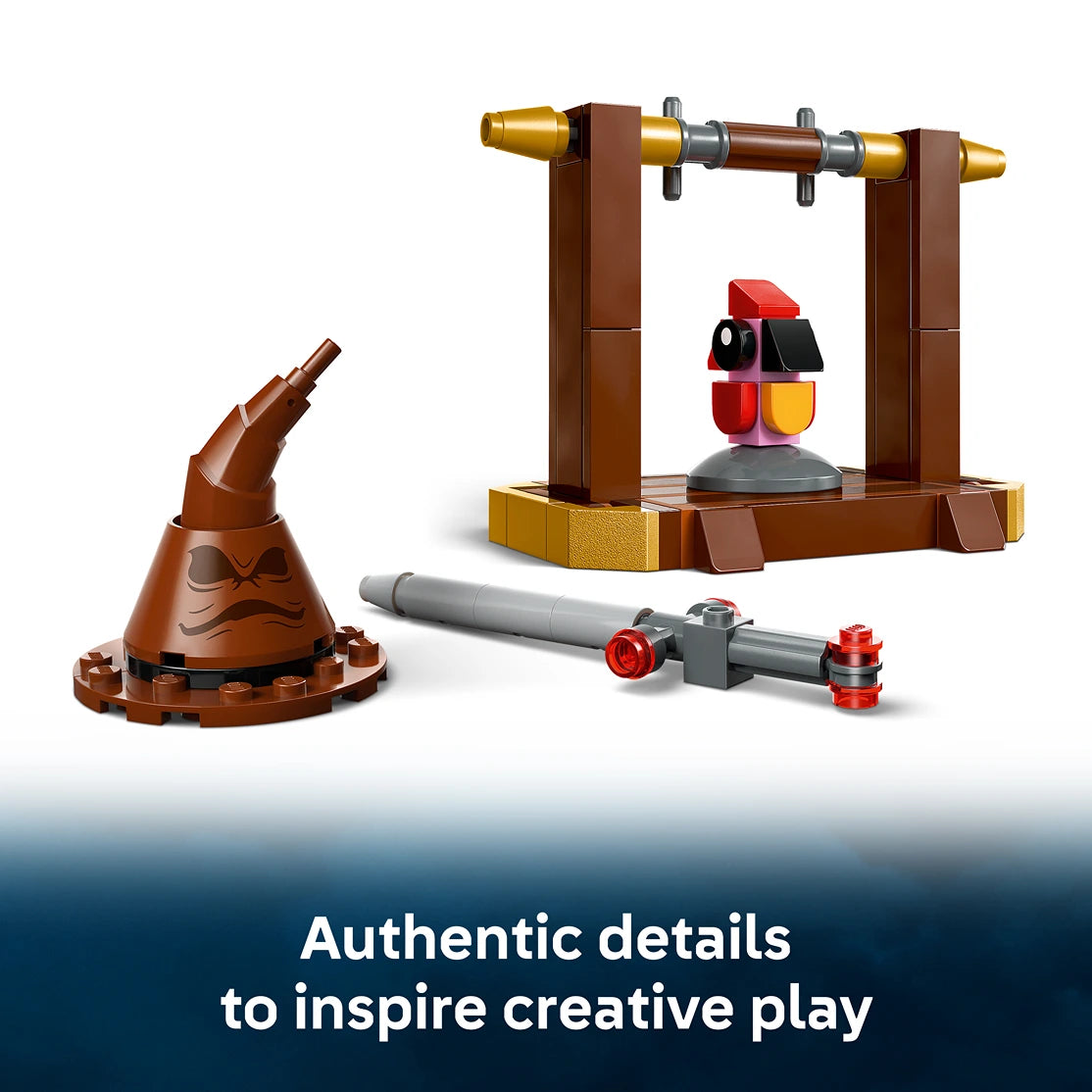 LEGO Fawkes Dumbledore's Phoenix set 76448 featuring brown wooden catapult launcher with angry face design, gold and brown gallows structure with suspended red and yellow phoenix minifigure, gray cannon with red accents, and authentic building details for creative play