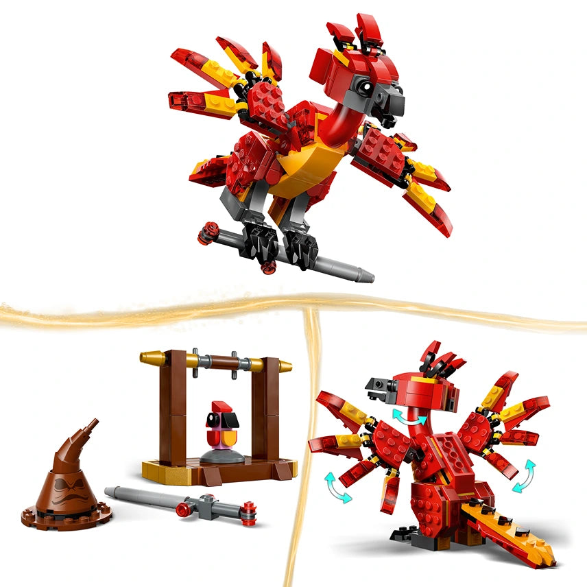 LEGO Fawkes Dumbledore's Phoenix set 76448 featuring red and gold brick-built phoenix in flight pose with articulated wings, wooden perch stand, wizard hat accessory, and minifigure components displayed against white background