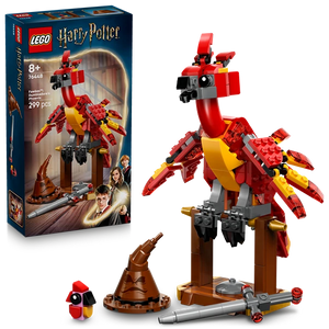LEGO Harry Potter Fawkes Dumbledore's Phoenix set 76448 featuring red and yellow brick-built phoenix perched on brown wooden stand with sorting hat and wand accessories, 299 pieces, ages 8 plus
