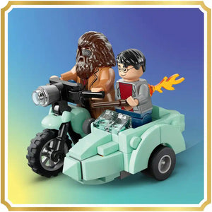 LEGO minifigures of Hagrid with camera and Harry Potter in sidecar of mint green motorcycle with attached sidecar against blue gradient background with gold frame border