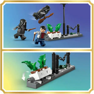 LEGO Harry Potter 76459 set featuring minifigures of Harry Potter and dark wizard on broomstick, with buildable Privet Drive escape scene including white potted plant with green leaves, black lamp posts, and rotating mechanism on gray baseplate, displayed in two product angles against blue and gradient backgrounds