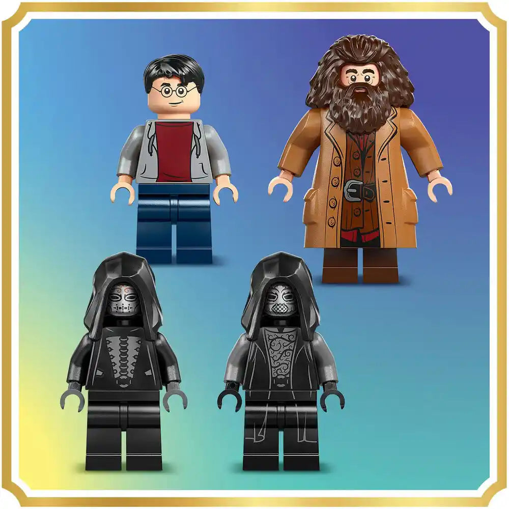LEGO minifigures from set 76459 showing Harry Potter with round glasses in grey cardigan and blue pants, Rubeus Hagrid with long brown beard in tan coat, and two Death Eaters in black hooded robes with skull face decorations against blue gradient background with gold frame border