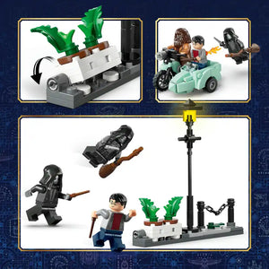 LEGO Hagrid and Harry's Privet Drive Escape set 76459 showing minifigures including Harry Potter and Hagrid, a mint green flying motorcycle with sidecar, black Death Eater minifigures, green plant elements, black lamp post with chains, and various building components on blue background with gold border frames