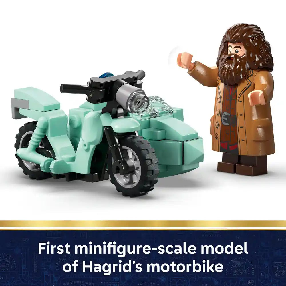 LEGO minifigure of Hagrid with long brown hair and beard wearing a tan coat standing next to a mint green motorbike with sidecar featuring a camera accessory, labeled as first minifigure-scale model of Hagrid's motorbike from set 76459