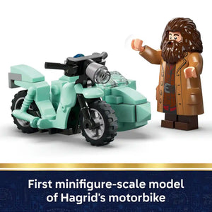 LEGO minifigure of Hagrid with long brown hair and beard wearing a tan coat standing next to a mint green motorbike with sidecar featuring a camera accessory, labeled as first minifigure-scale model of Hagrid's motorbike from set 76459