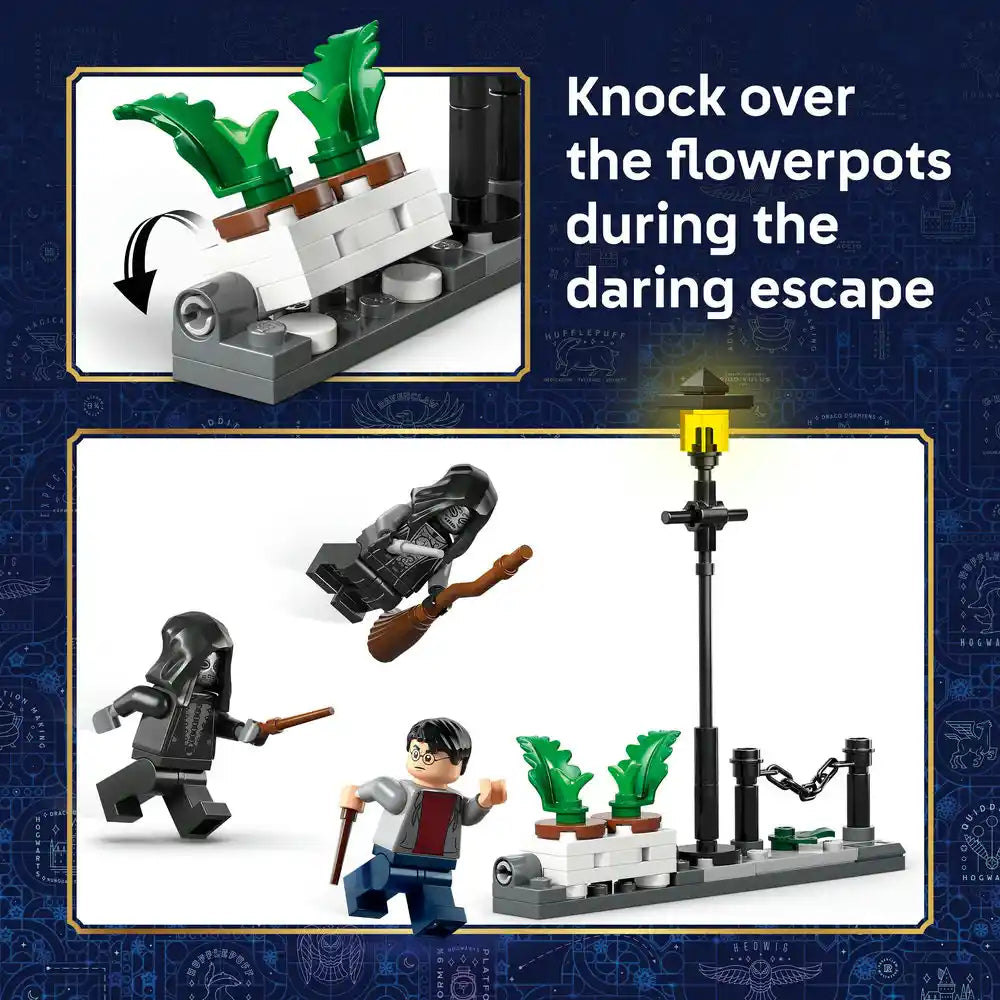 LEGO Harry Potter 76459 set showing Hagrid's motorcycle escape scene with minifigures, green potted plants on white base, black lamp post with chain, and instruction detail of knocking over flowerpots during daring escape