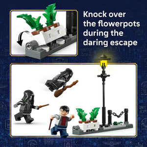 LEGO Harry Potter 76459 set showing Hagrid's motorcycle escape scene with minifigures, green potted plants on white base, black lamp post with chain, and instruction detail of knocking over flowerpots during daring escape