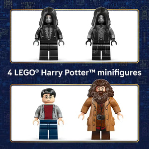 Four LEGO Harry Potter minifigures displayed against a blue patterned background: two dark-robed figures with skull face paint at top, and below Harry Potter wearing glasses with grey and red torso, and Rubeus Hagrid with brown coat and full beard