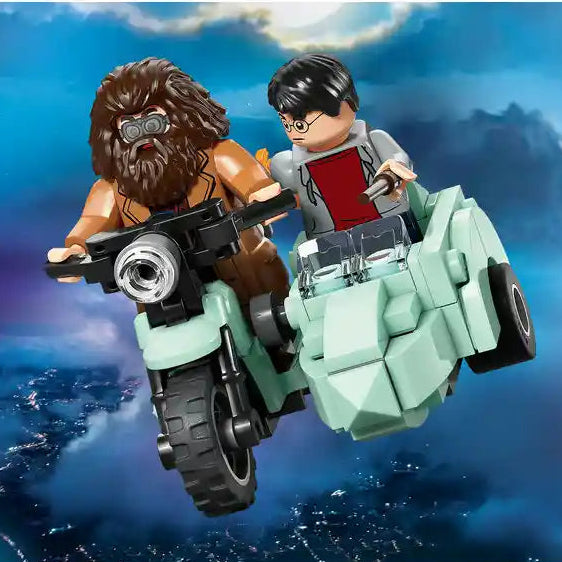 LEGO minifigures of Hagrid with brown hair and Harry Potter wearing glasses on a light green motorcycle with sidecar, flying against a cloudy blue sky background