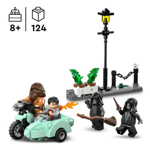 LEGO Hagrid and Harry's Privet Drive Escape set 76459 featuring a mint green flying motorcycle with brown Hagrid minifigure, Harry Potter minifigure, two dark wizard minifigures with broomsticks, green potted plants, black street lamp and mailbox elements, 124 pieces, ages 8 and up