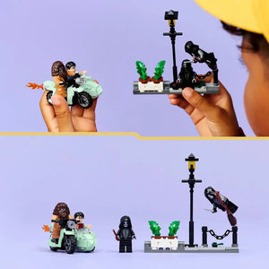 LEGO set 76459 showing Hagrid and Harry's Privet Drive Escape with minifigures on light green motorcycle sidecar, dark-robed character minifigure, street lamp with green potted plants, and flying character on broomstick against purple background, displayed in hand-held and full set views