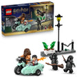 LEGO Harry Potter 76459 Hagrid and Harry's Privet Drive Escape set featuring minifigures, mint green motorcycle with sidecar, Death Eaters with broomsticks, street lamp, plant elements, and packaging box displayed against white background
