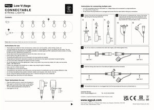Instructions and manual for Eureka Low Voltage Connectable String Lights showing contents of 20 warm white bulbs with plug-in transformer, setup steps 1-5 for connecting multiple light sets, timer function diagram, and safety guidelines for indoor and outdoor use