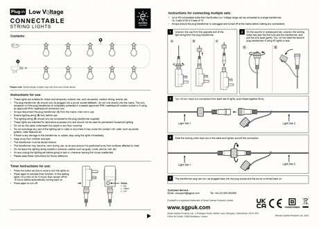 Instructions and manual for Eureka Low Voltage Connectable String Lights showing contents of 20 warm white bulbs with plug-in transformer, setup steps 1-5 for connecting multiple light sets, timer function diagram, and safety guidelines for indoor and outdoor use