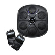 Black Bluetooth boxing training machine with six basketball-shaped target pads arranged in circle around central digital display, accompanied by black MMA fighting gloves with white branding