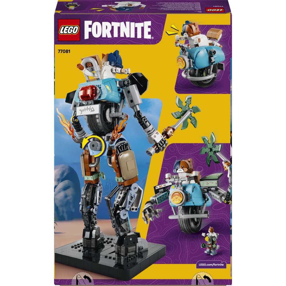LEGO Fortnite KIT 77081 - the back of the box showing play features and box contents. 1230 pieces. Ages 12+.