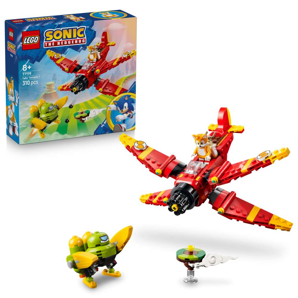 LEGO Sonic Tails' Tornado-1 77119 - shown with its product box. 310 pieces. Ages 8+.