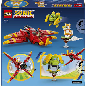 LEGO Sonic Tails' Tornado-1 77119 - the back of the box showing play features and box contents. 310 pieces. Ages 8+.