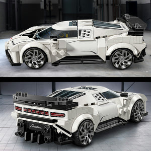 LEGO Bugatti Centodieci white and black hypercar building set 77240 shown assembled from multiple angles displaying opening doors, detailed interior cockpit, realistic wheels, and rear engine design with red taillights