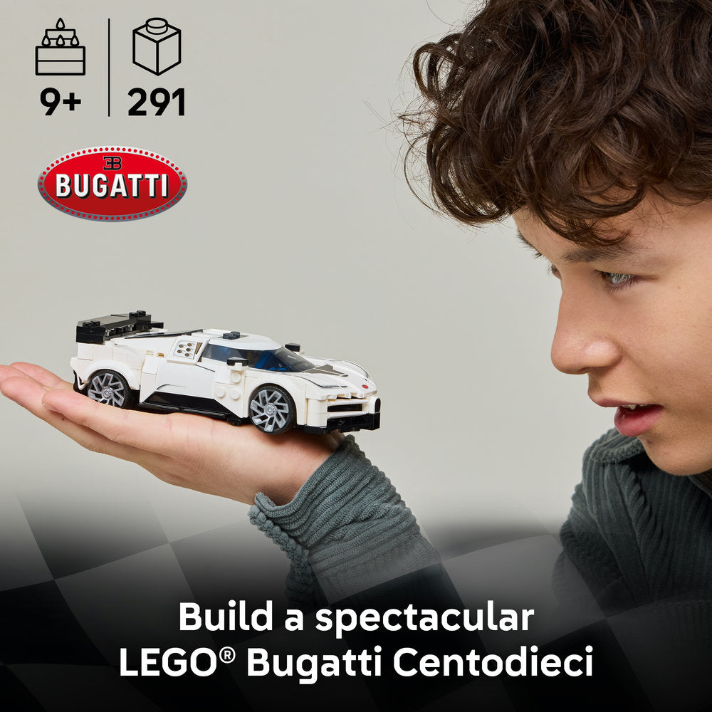 Child holding a white and black LEGO Bugatti Centodieci model car in palm of hand, wearing gray sweater, with Bugatti logo and product details showing 9+ age rating and 291 pieces